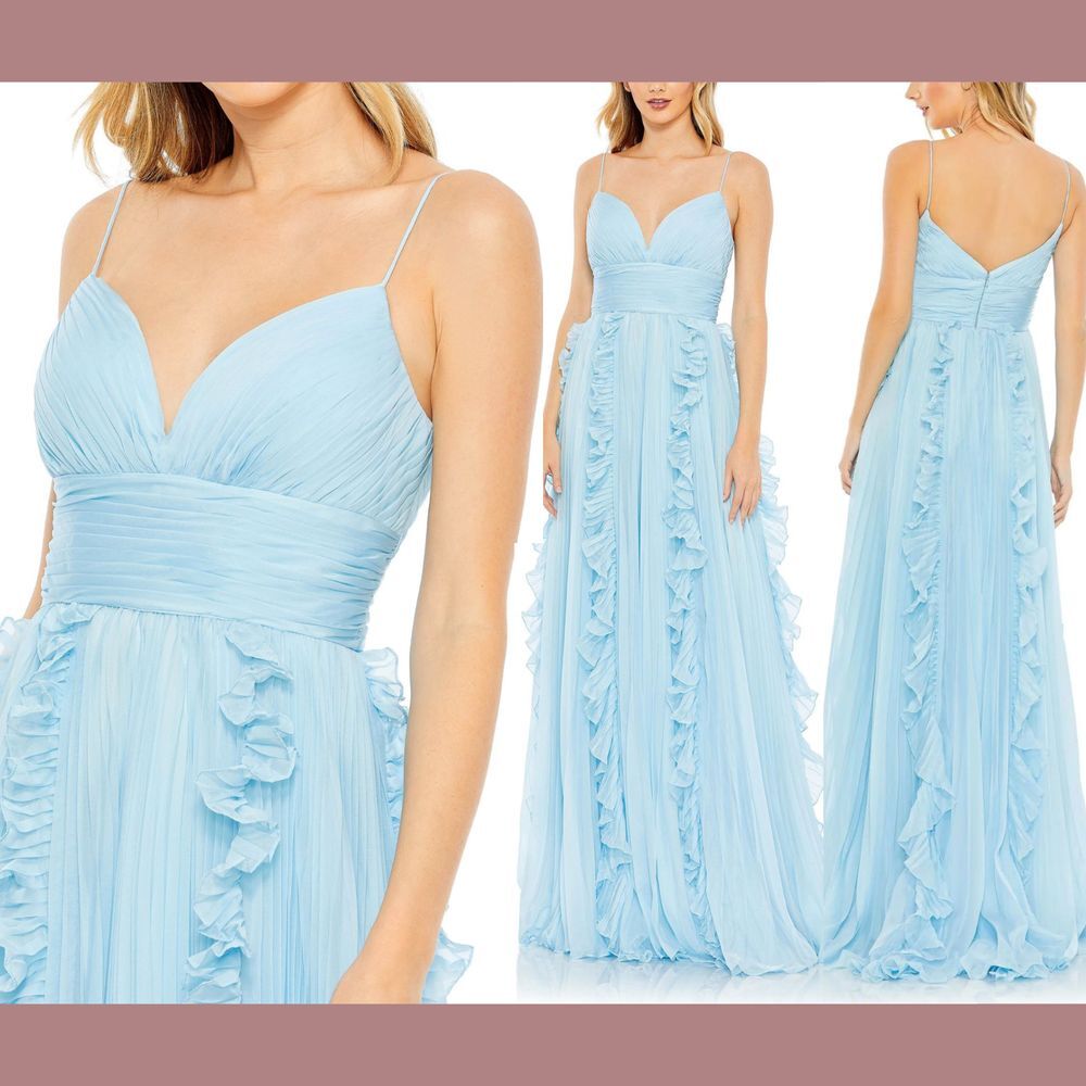 NWT $498 Mac Duggal [ 4 ] V Neck Pleated Ruffle Flowy Gown in‎ Powder Blue G1626